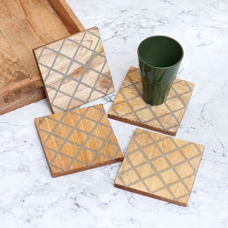 Square Shaped Wooden Coasters for Home Decor - Pack of 4